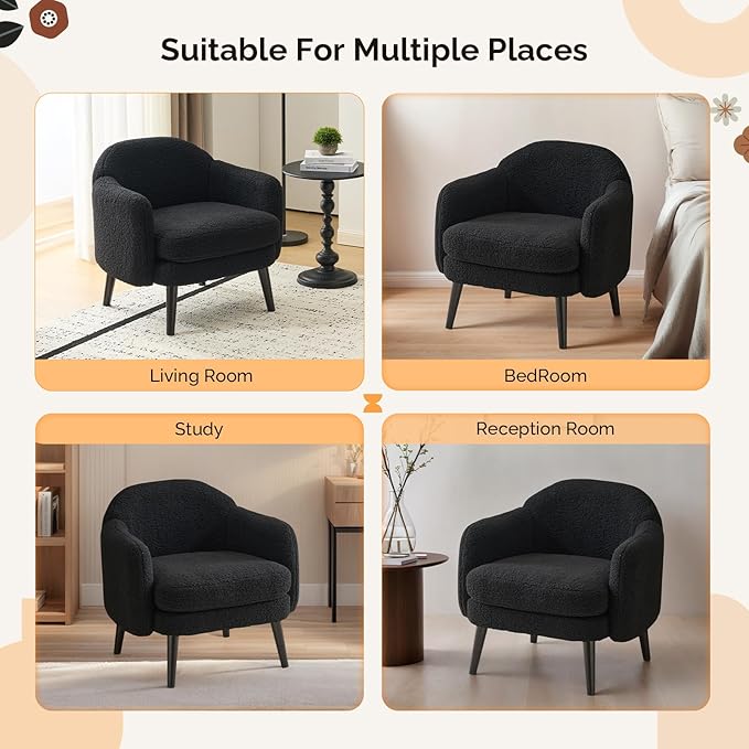 VINGLI 30.3 Wide Modern Barrel Accent Armchairs Set of 2 with Track Armrest Solid Wooden Legs Comfy Upholstered Club Chairs Single Home Sofa for Living Room Bedroom ReadingTeddy Fleece Black