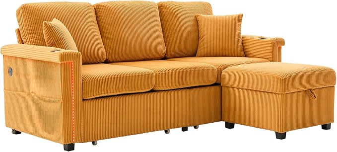 L Shaped Sectional Sofa with Storage &amp Movable Ottoman 76 Corduroy 3 Seater Sectional Couch with USB Charging Cup Holder &amp LED Light Couches for Living Room Mustard Yellow