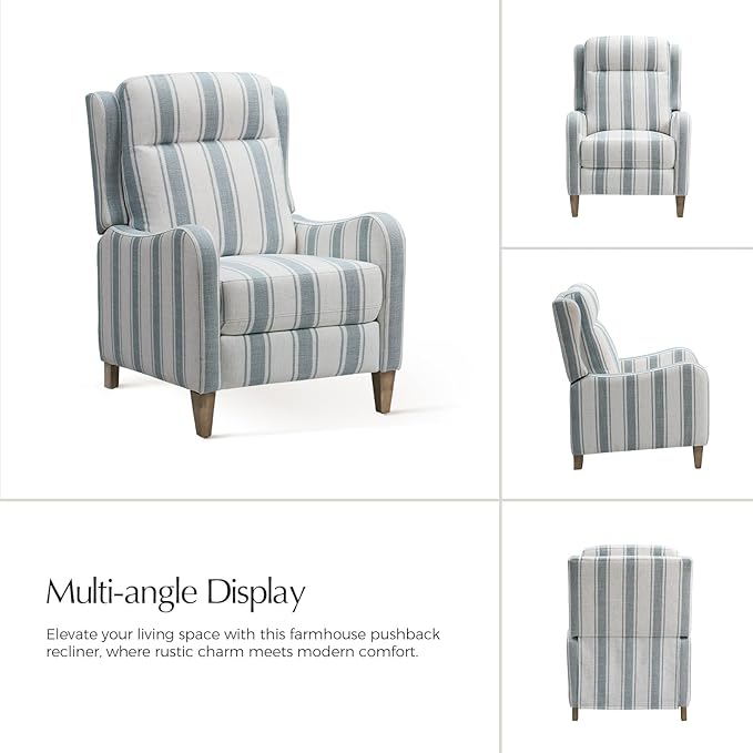 HULALA HOME Pushback Recliner Chair with Solid Wood Legs Fabric Striped Comfy Upholstered Seating with Footrest Armchair for Living Room/Reading Blue