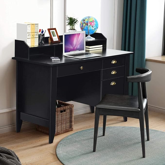Catrimown Computer Desk with Drawers and Hutch Vintage Wood Home Office Desk Writing Study Teens Student Desk PC Laptop Table for Small Spaces Black