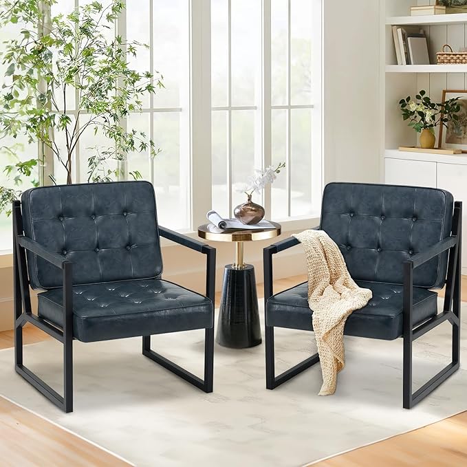 Accent Chairs Set of 2 Modern Accent Arm Chairs for Living Room Comfy Leather Armchairs with Metal Legs for Bedroom Reception Room Blue