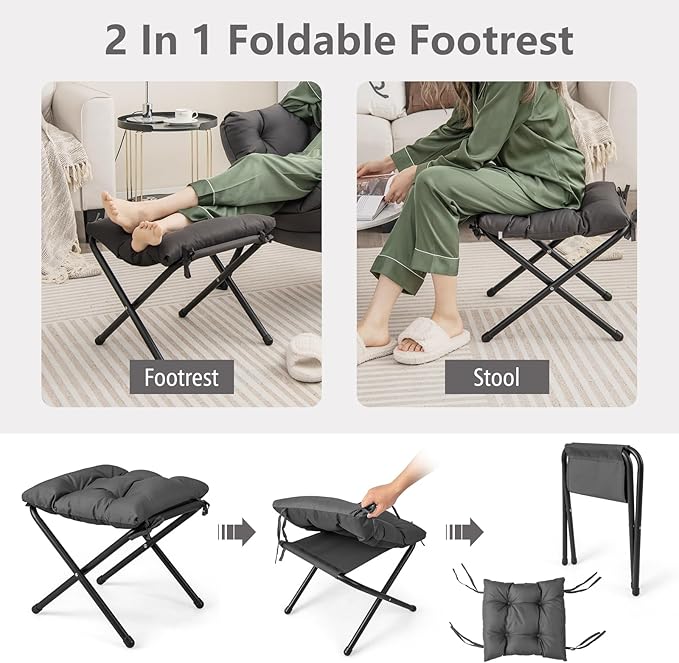RELAX4LIFE Lazy Chair with Foldable Ottoman - Modern Lounge Accent Chair w/Armrests &amp Side Pocket Upholstered Leisure Sofa Armchair with Footrest for Reading Living Room Bedroom Dorm (Grey)