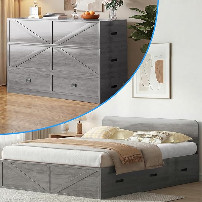 PUREMIND Murphy Bed Full with Mattress Included Wood Cabinet Bed with Dual Storage Drawers &amp 2 Pillows 3-in-1 Convertible Sofa Beds for Small Space Guest Room Home Office Gray