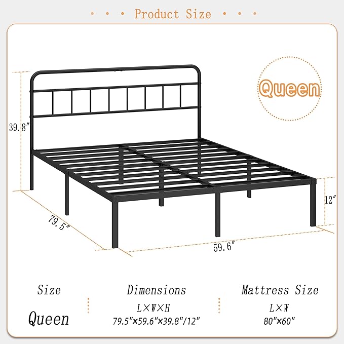 12 inches Queen Size Bed Frame with Minimalist headboardMetal Platform Base with Strong Metal SlatsMattress Foundation for Under Bed StorageEasy AssemblyBlack