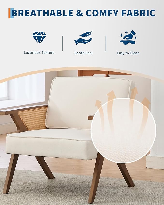 Linen Upholstered Accent Chair Mid Century Modern Vintage Rattan Vanity Chair with Wood Armrest and Legs for Living Room BedroomBeige