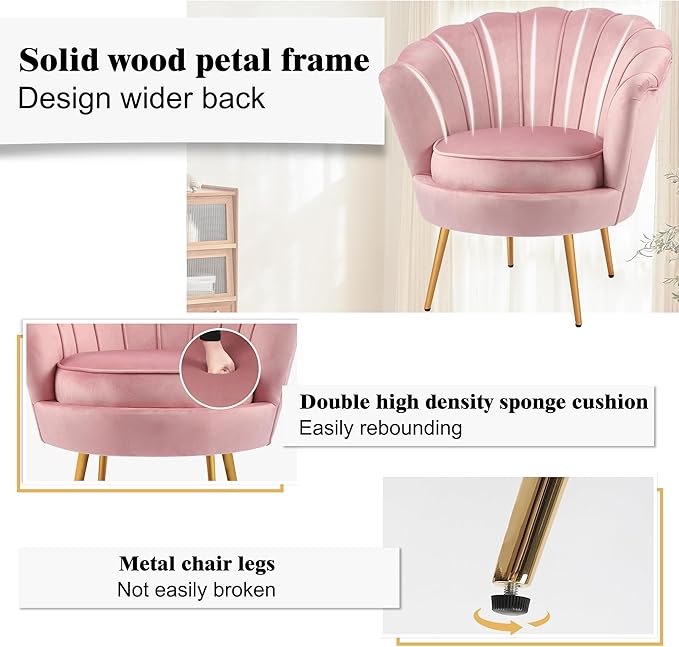 DAGONHIL Mid Century Modern Upholstered Accent ChairPetal Vanity ChairRetro Leisure Velvet Single Sofa with Golden Metal Legs for Living Room/Bedroom(Light Pink)