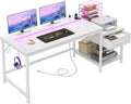 56 Inch White Desk with Drawers &amp Shelf to StorageComputer Desk with Power Outlet &amp LED LightsReversible Office Desk with Hooks for HeadphoneBagsDesk for BedroomDormTeens Study Room