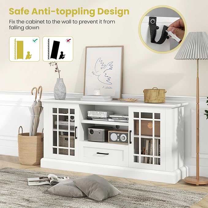 Tangkula Farmhouse TV Stand for TV up to 65 70 Inches Tall Media Console Table with 2 Glass Storage Cabinets 1 Drawer &amp 2 Open Shelves Wooden Entertainment Center for Living Room (White)