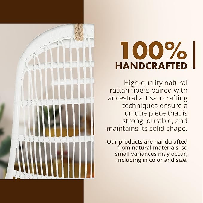 KOUBOO Hanging Rattan Swing Chair with Seat Cushion Handwoven Natural Rattan Chair Coastal Home Decor Furniture for Bedroom Living Room &amp Sun Room White