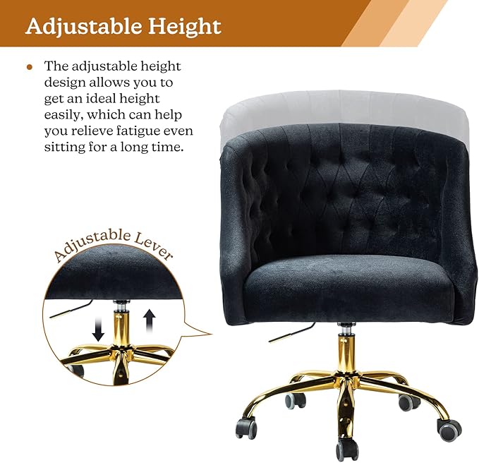 Velvet Home Office Chair with Gold Base Comfortable Modern Cute Desk Chair Adjustable Swivel Task Chair for Living Room Bedroom Vanity Study Black