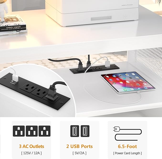 Unikito Rolling File Cabinet Lateral Office Filing Cabinets with Socket and USB Charging Port Modern Printer Stand on Wheels Printer Cabinet with Door and Open Storage Lockable White