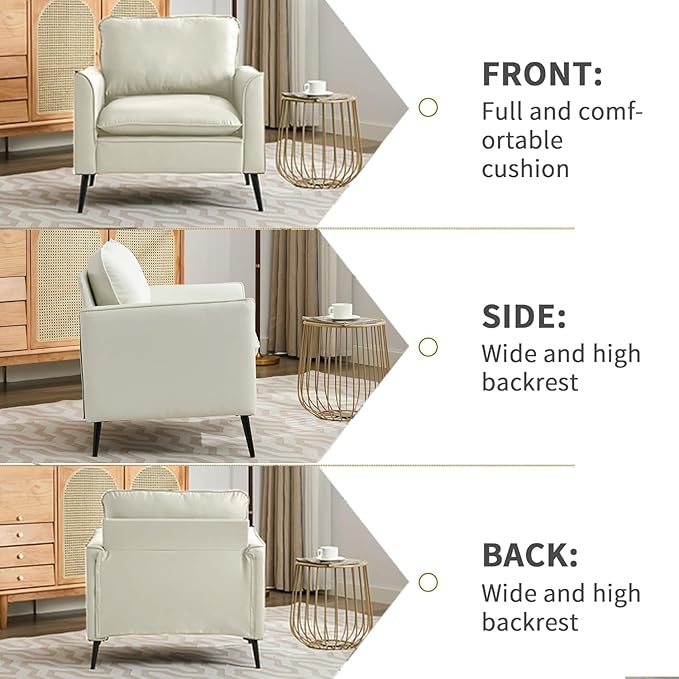 YISHENG Mid-Century Modern Living Room Accent Chairs Set of 2 - Oversized Faux Leather Armchairs with Removable Cushions &amp Metal Legs Comfortable Sofas for Office/Lounge/Bedroom/ReceptionCream