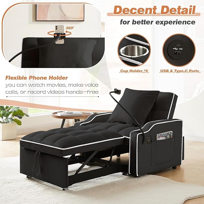 Sleeper Sofa Chair Bed 3 in 1 with Charging Ports Phone Holder &amp Cup Holders - Modern Velvet Convertible Pull Out Single Sofa Bed for Small Spaces Apartment Dorm (Black)