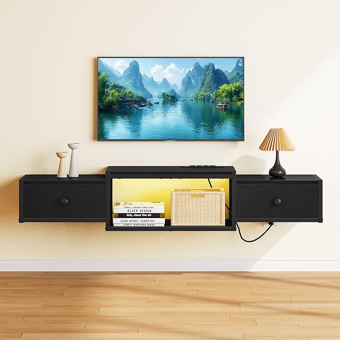 Snughome Floating TV Stand Wall Mounted with Power Outlet 55 Floating Entertainment Center with LED Lights Floating TV Shelf with Drawer Wall Mounted Media Console Shelf for Living Room Bedroom