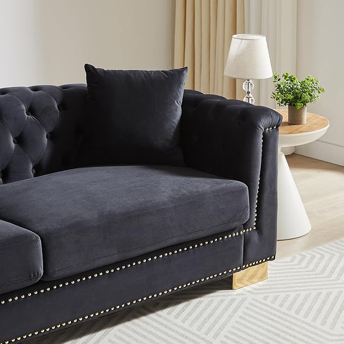 2 Pieces Chesterfield Sofa Set Tufted Velvet Couch with Rolled Arms Mid Century Modern Couch and Loveseat Sets with Nailhead Trim&ampGold Legs Comfy Deep Seat Couches Living Room Furniture (Black)