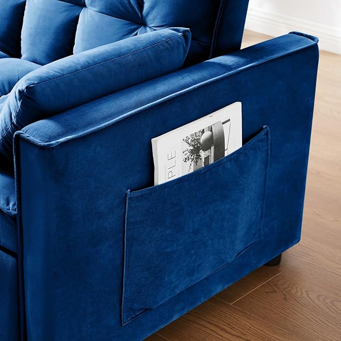 3 in 1 Convertible Sleeper Sofa Bed 55 Pull Out Couches Modern Loveseat Sleeper Sofa with Adjustable Reclining Backrest &amp Side Pockets for Living Room Velvet Fabric Blue