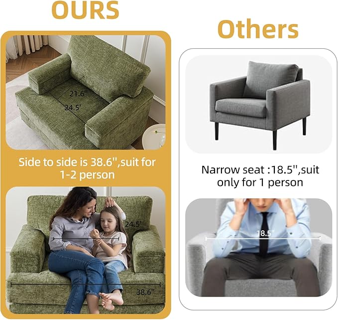Oversized Accent Chair with Armrest OrganizerComfy Living Room Chairs with Thick CushionUpholstered Modern ArmchairBig Reading ChairSofa Chair for BedroomGreen