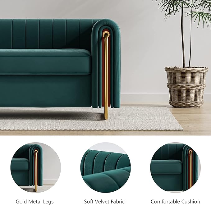 KEVINSPACE 84.25 Modern Sofa Couch Velvet Loveseat Sectional Sofa Couch with Gold Legs for 3-4 Persons Upholstered Deep Seat Love Seat Mid-Century Sofa for Living Room Office Apartment Green