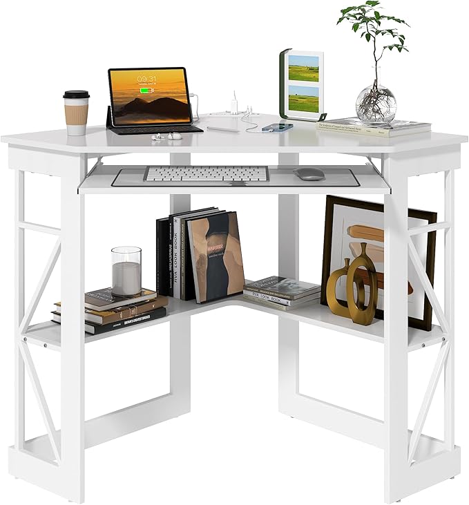 VECELO Corner Computer Desk 41x30 inch with Charging Station &amp Keyboard &amp Storage Shelves for Small SpaceTriangle Table for Home Office BedroomWhite