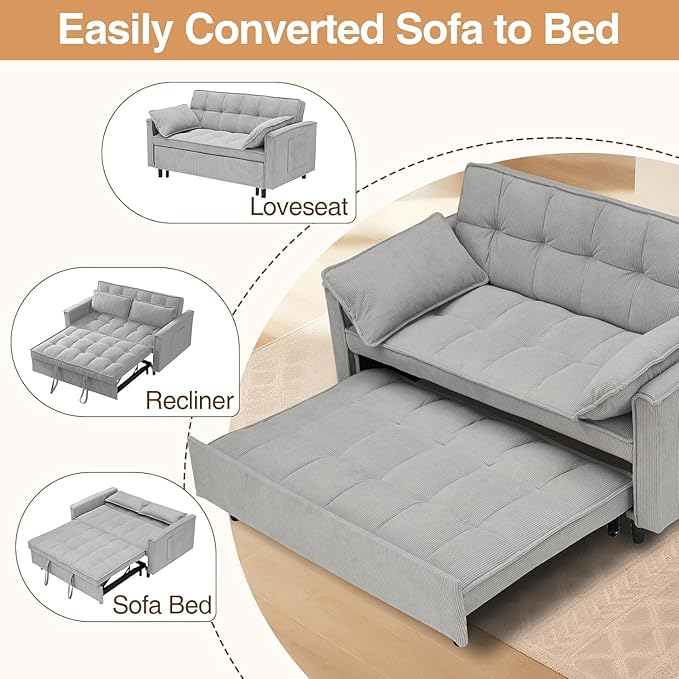 3 In 1 Corduroy Convertible Sofa BedPull Out Couch Bed with Reclining Backrest And 2 Pillows 54 Full Size Loveseat Sleeper Sofa Futon Couch Bed Couches For Small Spaces Living Room (Grey)