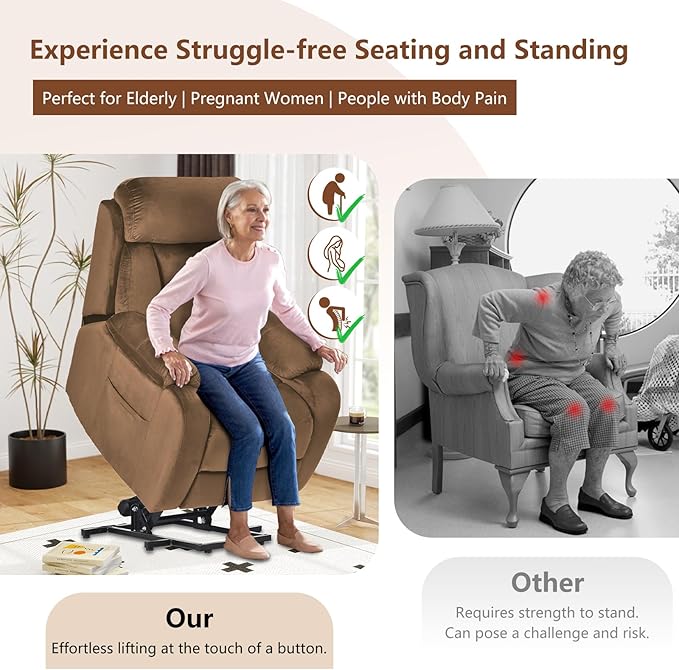 cinkehome Small Power Lift Recliner for Elderly Lift Chair Recliners Electric Recliner Chairs for Seniors Remote Control Adjustable Side Pocket (Velvet Brown)
