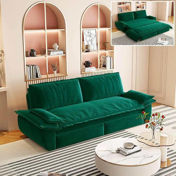 73.2 Queen Size 3-in-1 Convertible Pull Out Sofa Bed with Wheels Multi-Functional Velvet Loveseat Bed for Living Room and Bedroom (Green)