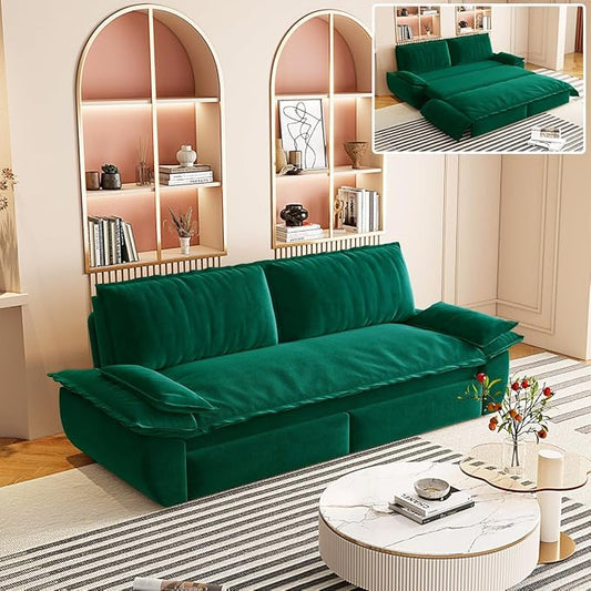 73.2 Queen Size 3-in-1 Convertible Pull Out Sofa Bed with Wheels Multi-Functional Velvet Loveseat Bed for Living Room and Bedroom (Green)