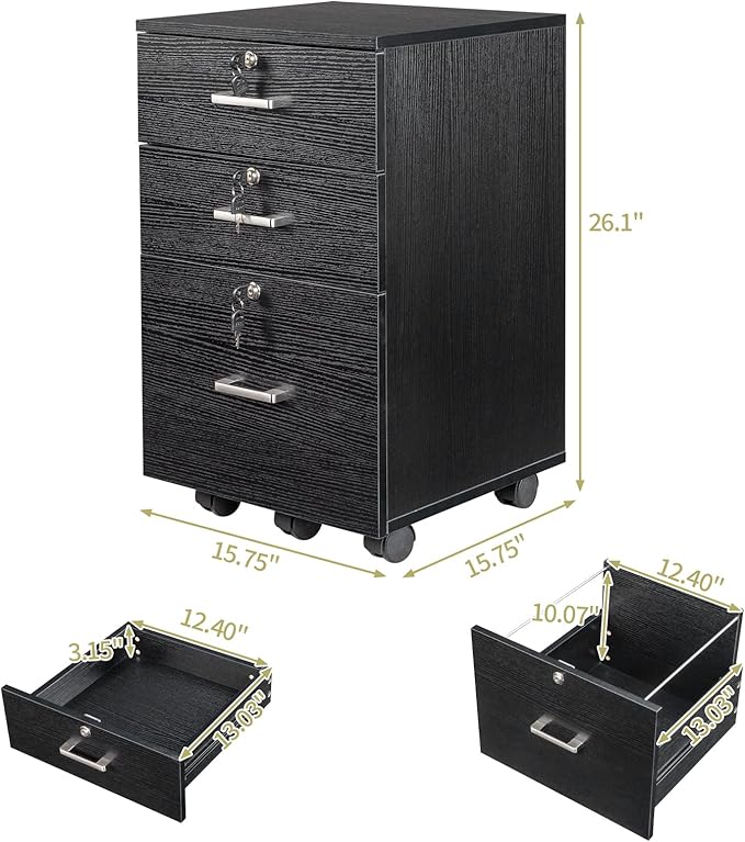 Black Cabinet with Wheels Rolling Cabinet 15.7 L x 15.7 W x 26 H Drawer Mobile File Cabinet with Lock Under Desk Filing CabinetMobile Under Desk Organizer Wooden
