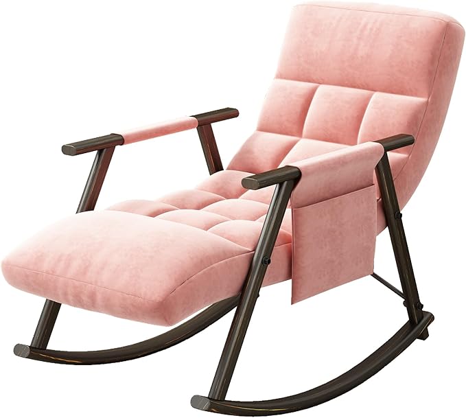 LUMISOL Rocking Chair with Adjustable High Backrest and Footrest Collapsible Rocking Chair with Side Pockets Upholstered Rocking Chair for Living Room Bedroom Balcony Pink