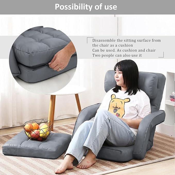 FLOGUOR 14-Position Adjustable Floor Chair Chaise Lounge Indoor Folding Lazy Sofa with Armrests and a Pillow Padded Adults Gaming Chairs for Living Room Bedroom Factory Price8803 (Grey（PU）)