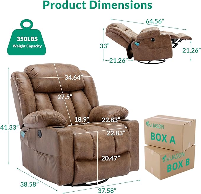 VIVIJASON Swivel Rocker Recliner Chair with Heat &amp Vibration Manual 360° Swivel Glider Overstuffed Reclining Chair with 2 Cup Holders Side Pockets &amp USB Ports for Living Room Brown