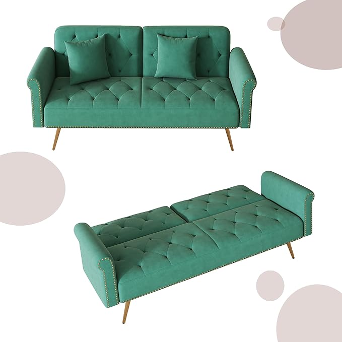Modern Velvet 2 in 1 Futon Sofa BedConvertible Folding Sleeper Bed Couches with 2 Pillows73 Tufted Recliner Love Seat with Golden Chrome Legs for Living Room Apartment Office (Green)