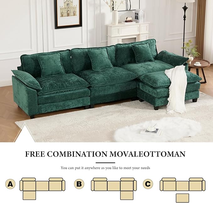 117.3” Green Modular Sectional Sofa 3 Seater Large Sectional Couches for Living Room Chenille Fabric Oversized Cloud Couch with Ottoman Deep Seat Wide Armrest Home Sofas Set Sofá Moderno L Shaped