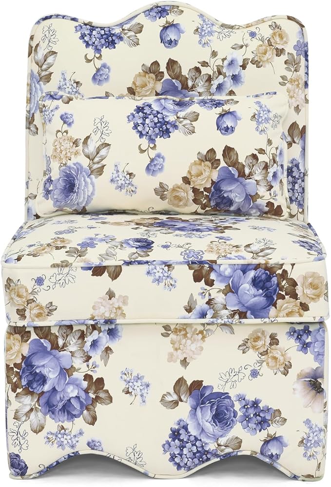 Polibi Retro Single Chair with Flower Pattern and Wave-Shape Edge Flannel Upholstered Armless Sofa Chair with Seat Cushion and Pillow for Living Room Bedroom Blue Flower