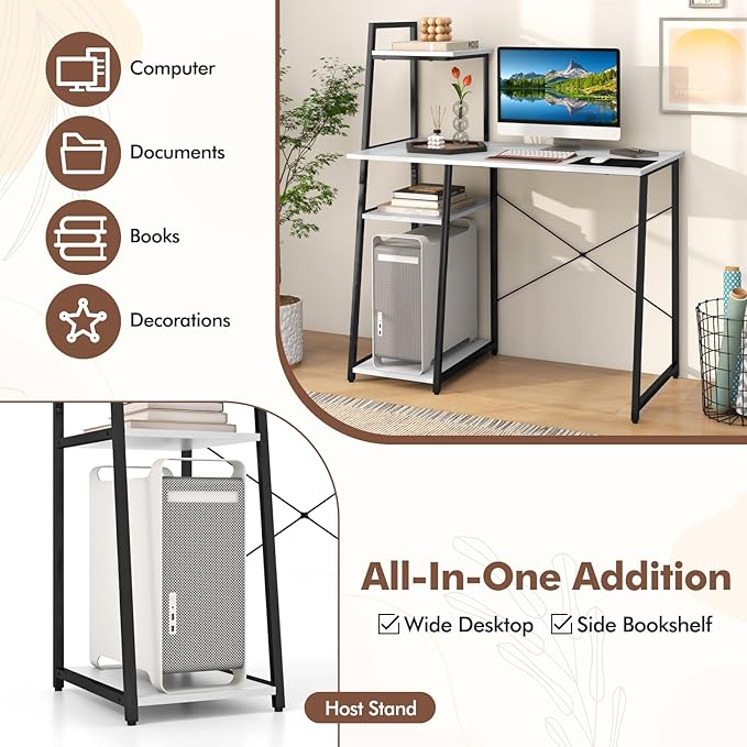 Giantex Computer Desk with Shelves 47.5” Home Office Desk with Bookshelf Host Stand Metal Frame PC Laptop Workstation Modern Study Writing Desk for Bedroom Small Space (White &amp Black)