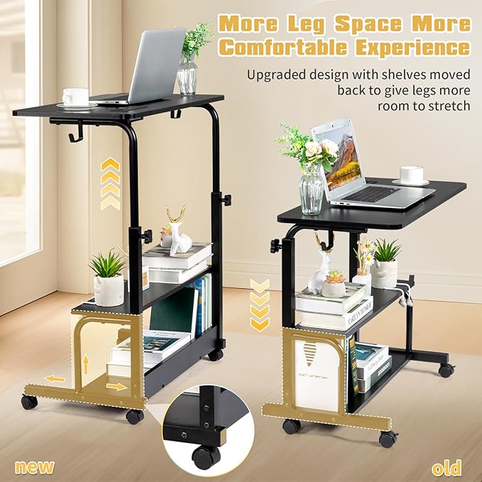 Karl home 31.5 Portable Rolling Desk on WheelsHeight Adjustable Standing Desk with 2 AC Outlets/3 USB PortsMobile Laptop Table with Hooks and Storage Shelves for Home OfficeBlack