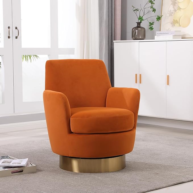 360° Swivel Barrel Accent Chair Comfy Round Accent Chairs with Gold Iron Base &amp Dual-Layer Cushion Modern Lounge Reading Armchair Upholstered Sofa Chair for Living Room Bedroom(Velvet Orange)