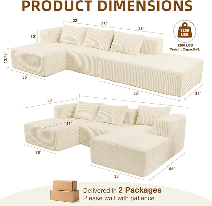 117” Modular Sectional Cloud Couch with L-Shape Chaise Lounge Boneless Convertible Sofa for Living Room Corduroy 4-Seater Couch No Assembly Required Cream Beige Left Facing Chase