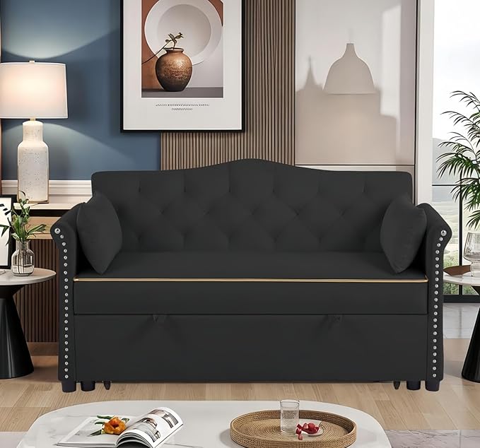 57-Inch Velvet Full Size Sleeper Sofa Couch with Pullout BedConvertible Pull Out with Golden Decorative Strip and Adjustable Backrest for Small SpacesApartment Guest Room RV (Black)