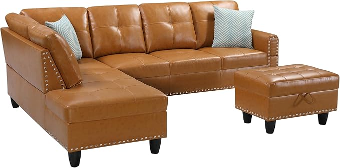 Ball &amp Cast 98 L Shaped Sectional Couch for Living Room with Chaise&ampStorage Ottoman4 Seat Faux Leather Upholstered Modular Sectional Sofa Set 3 PCS W/Cup Holders&ampCoffee Tablefor HomeOf