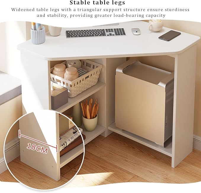 Corner Home Office Desk with Storage Shelves Triangular Computer Desk Workstation Makeup Vanity Desk with Spacious Desktop Space Saving Gaming Table for Study(67x67x74cm(26x26x29) White)