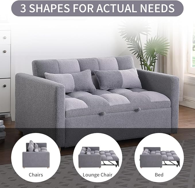 Loveseat Sleeper Sofa- 3 in 1 Convertible Sofa BedPull Out Couch with Adjustable BackrestMulti-Functional Lounge Chair with Teddy Fabric for Living RoomSmall Space (Grey)