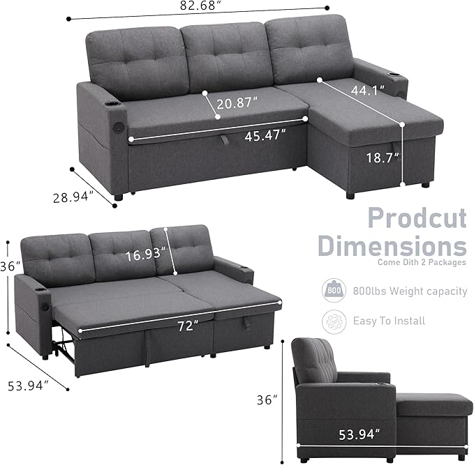 82 Pull Out Sofa BedL-Shape Modern Sleeper Sofa Upholstered Sectional Couch with USB Port and Side Pockets for Living RoomGuest Room (Dark Grey)
