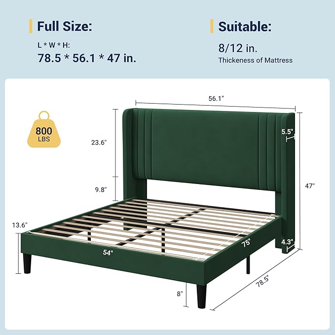 Allewie Full Size Velvet Platform Bed Frame with Vertical Tufted Wingback Headboard Easy Assembly Under Bed Storage No Box Spring Required Modern Style Green