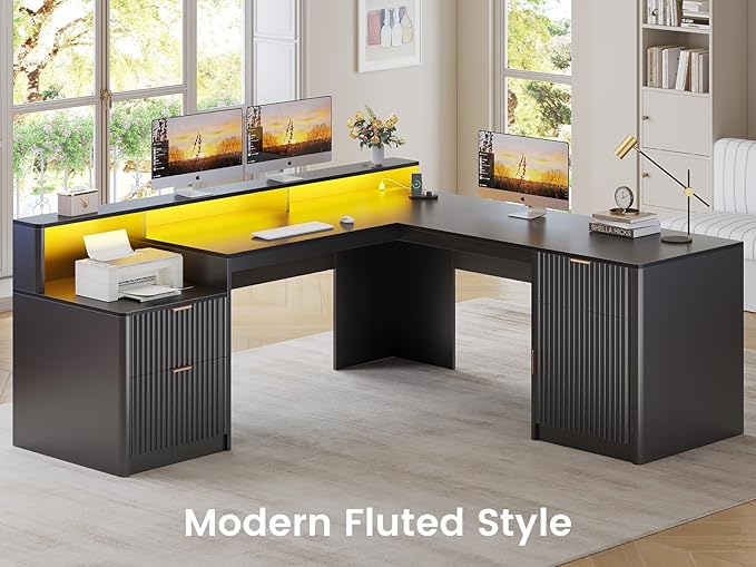 SEDETA 66 Modern L Shaped Desk with Drawers Fluted Home Office Desk with File Cabinet and Printer Shelf Wood Executive Desk with Monitor Stand Led Lights Power Outlets Black