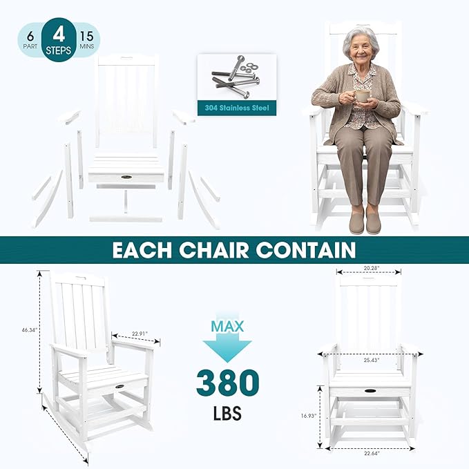 Oversized Rocking Chair Set of 4 Outdoor Rocking Chair for Adults All Weather Resistant Porch Rocker for Lawn Garden White