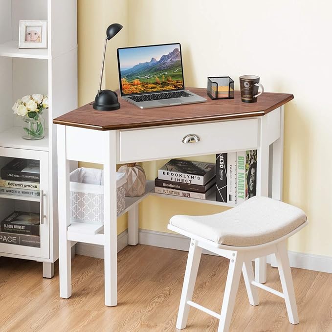 RELAX4LIFE Corner Computer Desk Triangle with Drawer and Shelves Stable Laptop PC Table Home Office Writing Desk Study Workstation Desk (Natural)
