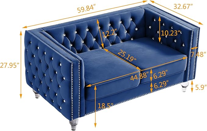 mikibama Velvet Loveseat with Buttons and Square Arms 59 Inch Tufted Sofa with Trimmed Nailhead and Acrylic Legs Loveseat Couch for Living RoomBedroom (Navy Blue-Crystal Legs Loveseat)
