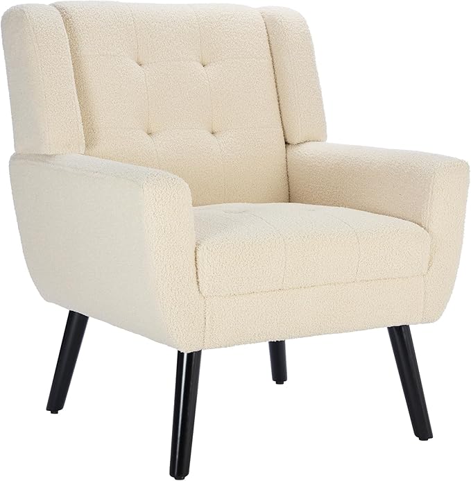 Modern Soft Teddy Material Ergonomics Accent Chair Living Room Chair Bedroom Chair Home Chair with Black Legs for Indoor Home White Teddy Fabric