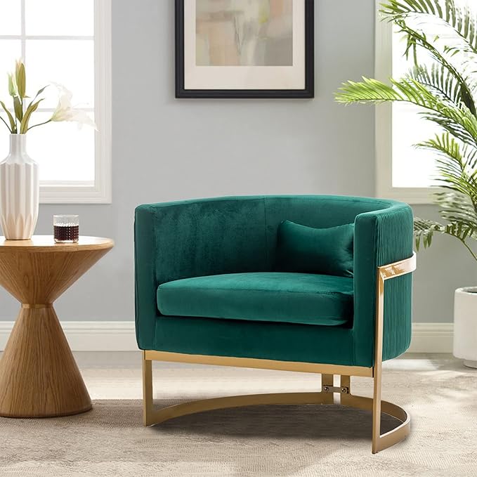 Velvet Accent Chair Green Modern Upholstered Barrel Chair Wide Arm Chairs for Living Room Bedroom Club Side Chairs with Gold Legs